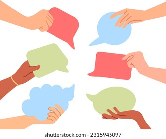 Hands with speech bubbles concept. Communication and interaction, discussion and chat, dialogue, text. Template, layout and mock up. Cartoon flat vector illustration isolated on white background