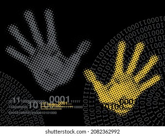 Hands and Spiral binary code background.
Illustration of handprints with binary codes on black backdrop. Vector available.