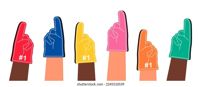 Hands of sports fans wearing foam fingers. Supporters cheering for team. Flat vector illustration isolated on white
