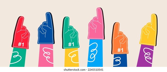 Hands of sports fans wearing foam fingers. Supporters cheering for team. Colorful vector illustration
