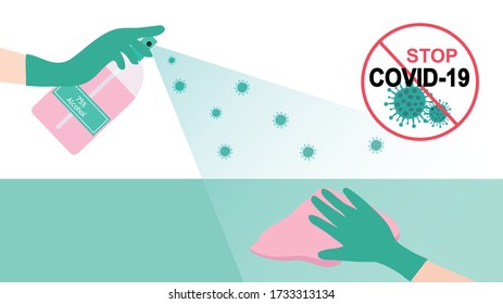 Rociación manual del 75% botella de alcohol y limpiado para prevenir brotes de la enfermedad del coronavirus COVID-19 con indicación del vector de signos de parada covid-19