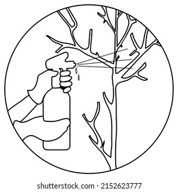 Hands spraying tree in garden with protection substance, vector outline illustration