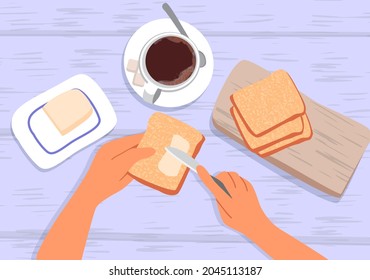 Hands spreading butter on bread. On the table is a mug of coffee, a butter dish and pieces of bread on a cutting board. Top view. The concept of cooking at home. Vector Illustration in flat style