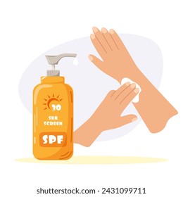 Hands spreading sunscreen on the skin and a jar of cream with a dispenser. Cream with SPF blocks the sun's rays. Product for the “Protection from Summer” set. Beauty, skin care. Vector illustration.