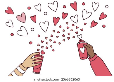 hands sprinkling heart shaped confetti vector art on white background