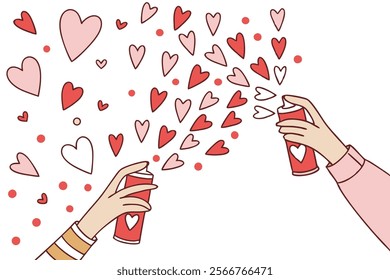 hands sprinkling heart shaped confetti vector illustrations