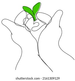 Hände mit einem Sprossenfell in einer Zeile auf weißem Hintergrund. Lineare Abstraktion mit Öko-Konzept. Vektorgrafik der Pflanzung. Symbol des Lebens und der Fruchtbarkeit.