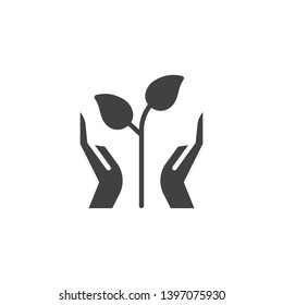 Hands and sprout vector icon. filled flat sign for mobile concept and web design. Hands with growth plant leaves glyph icon. Symbol, logo illustration. Pixel perfect vector graphics