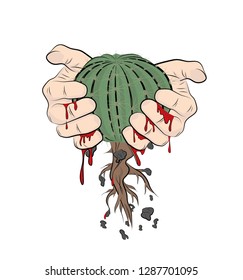 hands squeeze cactus, blood is flowing. vector illustration.