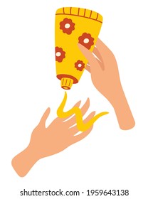 Hands squeeze lotion. Hand cream. Bottle with sunscreen. Skin care concept. Summer, the beach. spf cream. Protection against skin cancer. Vector illustration in cartoon style