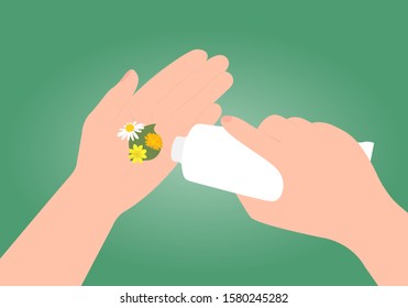 Hands squeezes a cosmetic product from a tube. Natural organic herbal cosmetics with medicinal flowers. Isolated on green gradient background. Vector illustration for presentation, advertisement. 