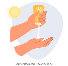 Hands squeezing sunscreen protective cream from plastic container flat cartoon vector illustration. Skin care and spf sunblock protection concept - Shutterstock ID 2264238577