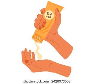 Crema protectora protectora de protección solar exprimida por las manos de un contenedor de plástico. Crema SPF 50. Cuidados cutáneos y concepto de protección contra bloqueos solares de spf. Ilustración vectorial de dibujos animados planos.