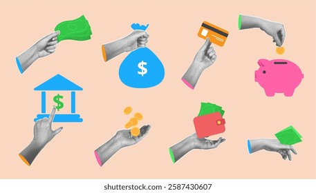 Hands with stack of cash and money sack with dollar sign, coins and credit card, piggy bank and wallet. Vector capital and investment, wealth and benefit. Finance earning and profit