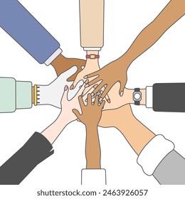 The hands stack together isolated on white background