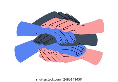 Hands stack together. Team trust and unity. Community in partnership, cooperation. Mutual help, support concept. Union and togetherness. Flat vector illustration isolated on white background