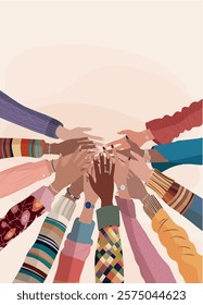 Hands stacked in a circle of group multicultural women. Diversity - inclusion - equality - girl power or empowerment concept. International women s day. Awareness Breast cancer