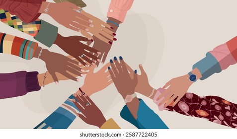 Hands stacked in a circle of group multicultural women. Diversity - inclusion - equality - girl power or empowerment concept. Women s day. Awareness Breast cancer. Banner copy space