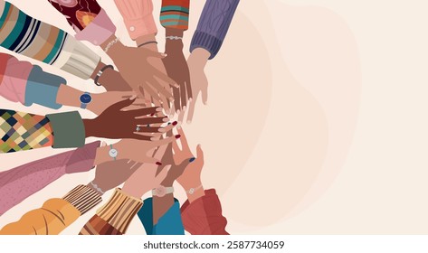 Hands stacked in a circle of group multicultural women. Diversity - inclusion - equality - girl power or empowerment concept. International women s day. Banner copy space