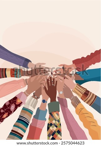 Hands stacked in a circle of group multicultural women. Diversity - inclusion - equality - girl power or empowerment concept. International women s day. Awareness Breast cancer