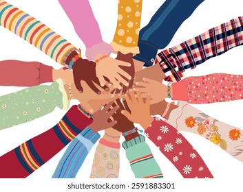 Hands stacked in a circle of multicultural children. Diversity Equality school inclusion. Concept of education community unity or solidarity between group of students. Isolated