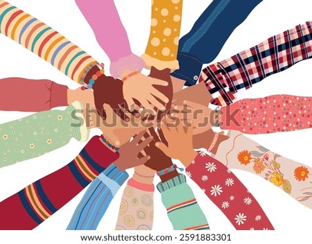 Hands stacked in a circle of multicultural children. Diversity Equality school inclusion. Concept of education community unity or solidarity between group of students. Isolated