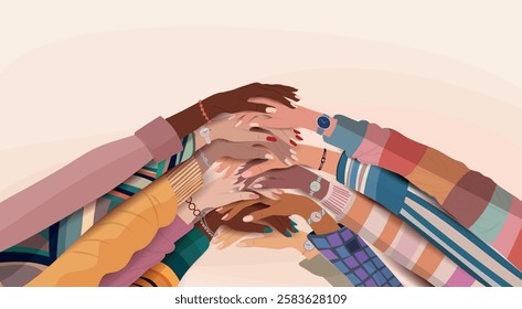 Hands stacked group of multicultural women.Diversity - inclusion - equality or empowerment. International women s day. Banner copy space