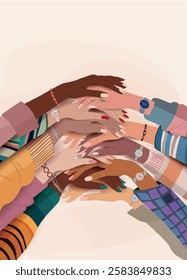 Hands stacked group of multicultural women.Diversity - inclusion - equality or empowerment. International women s day. Poster or flyer copy space