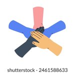 Hands stacked together, arms in circle. Teamwork, support, trust and community concept. Diverse people group, team in solidarity, connection. Flat vector illustration isolated on white background