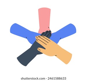 Hands stacked together, arms in circle. Teamwork, support, trust and community concept. Diverse people group, team in solidarity, connection. Flat vector illustration isolated on white background