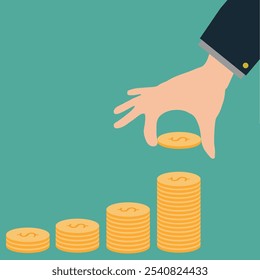 Mãos empilhando moedas. Mão humana colocando moeda para pilha de moedas no fundo verde. Investimento, poupança de dinheiro ou negócios de crescimento financeiro. Coloque a moeda na escada de dinheiro. 