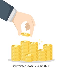 Manos apilando monedas de oro y pilas de monedas de dólar Ilustraciones vectoriales