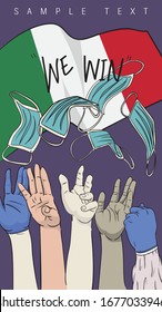 Hands of staff in protective suit and people, with gloves and without gloves, try to grab the surgical mask under Italy flag in crisis situation, vertical.