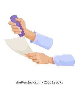 Hands stamping paper document on white background. Vector illustration