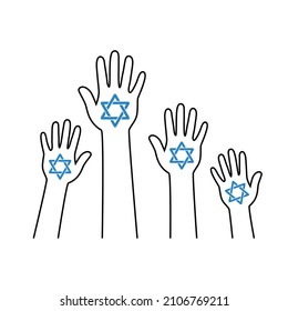 Hands up with a star of David. Raising hands with Magen David. Vector illustration.