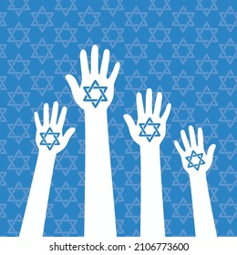 Hands up with a star of David. Raising hands with Magen David. Vector illustration.