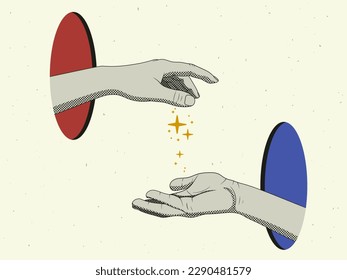 Hands and stars in modern collage style. Vector illustration