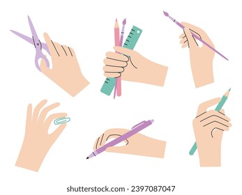 Manos con artículos de papelería de estilo sencillo. Conjunto de vectores clipart perfecto para la decoración de objetos de arte o de papelería