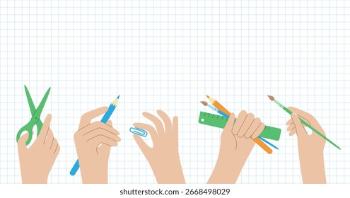 Manos con papelería. Anuncio de Vector con espacio para texto para papelería o tienda de hobby