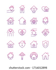 hands and stay home icon set over white background, gradient style, vector illustration
