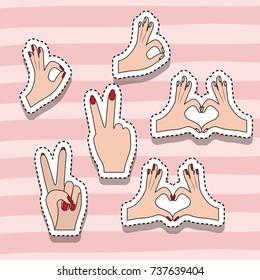 hands sticker set gesture on pop art linear color background vector illustration