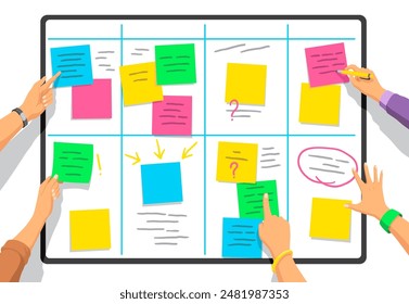Hands and stickers on board. Sticky notes. Realistic reminders on adhesive tapes. Writing memos on sheet of paper. Vector colorful illustration of notepaper pages