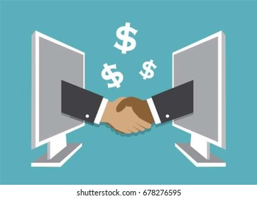 Hands sticking out of computers and doing a handshake and making a deal