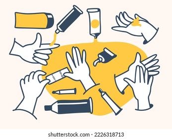 Hands sticking plaster and applying ointment. Vector illustration.