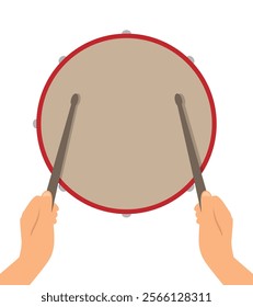 Hands with Sticks Playing a Snare Drum Flat Style Isolated on White. Music and rhythm concept vector art. Drum school ad template