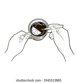Las manos agitan una cuchara con una bebida caliente en una taza, vista superior. Ilustración vectorial en el estilo de esbozo, arte de línea aislada en blanco y negro