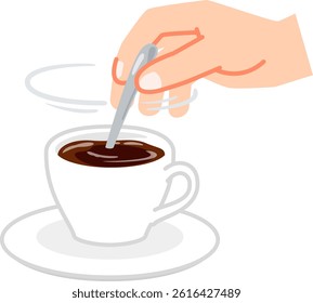 Hands stirring the contents of a coffee cup with a spoon