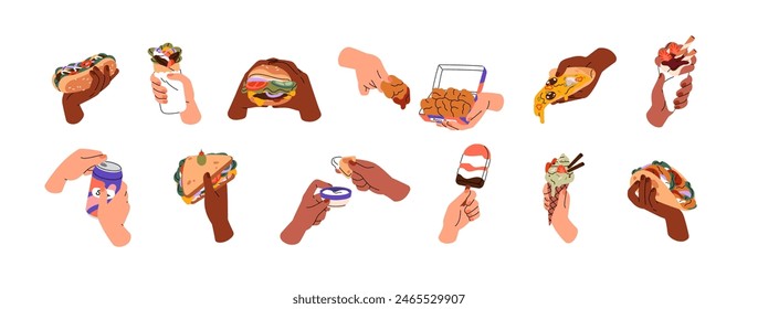 Hands with street food set. People hold burgers, sandwiches, ice cream, pizza, soda drink. Different fastfood snacks: chicken nuggets, shawarma. Flat isolated vector illustrations on white background