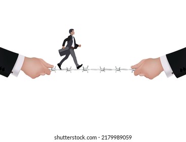 hands stretch barbed wire with person walking on top-