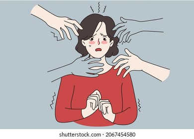 Hands stretched to anxious unhappy scared woman suffer from panic attack. Frightened terrified worried female struggle with psychology mental disorder. Anxiety concept. Flat vector illustration. 